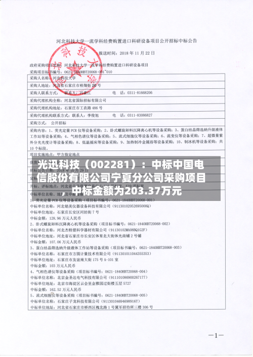 光迅科技（002281）：中标中国电信股份有限公司宁夏分公司采购项目，中标金额为203.37万元-第2张图片