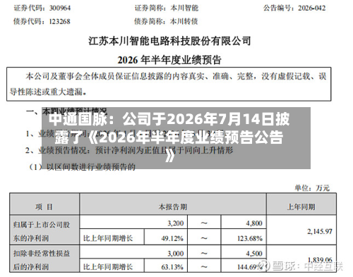 中通国脉：公司于2026年7月14日披露了《2026年半年度业绩预告公告》