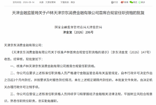 京东消金首席风险官汪序、首席合规官卢林任职资格获批